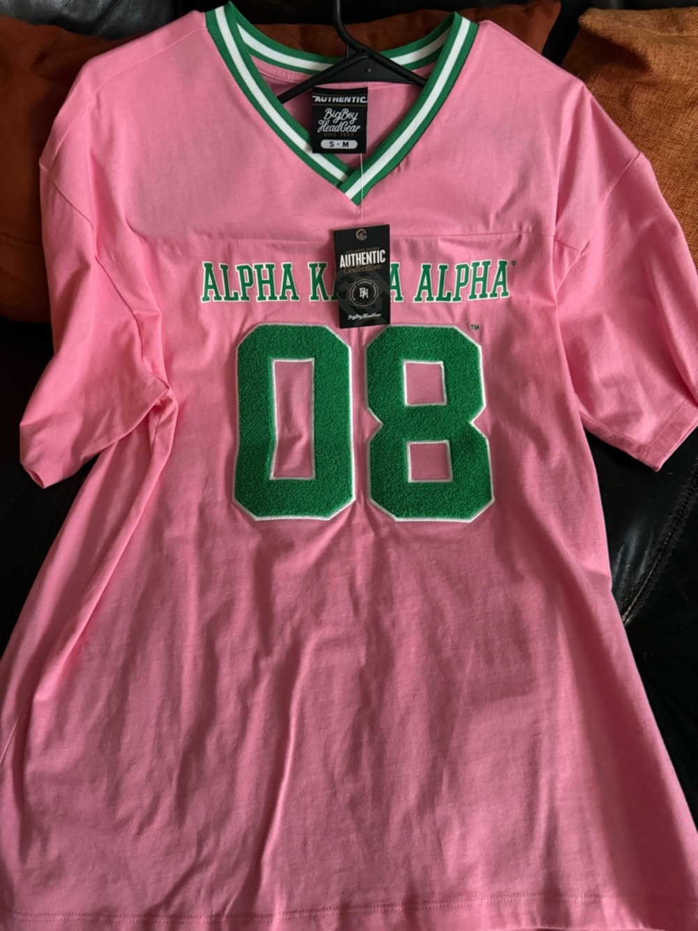 Alpha Kappa Alpha 08 V-Neck Pink Jersey with Green Sewed on numbers
